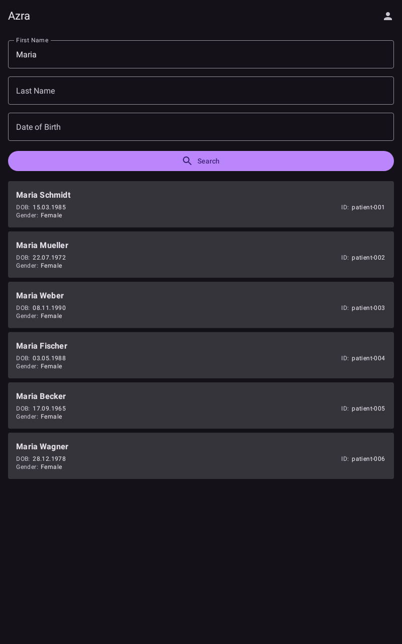 Azra patient search screen showing search results