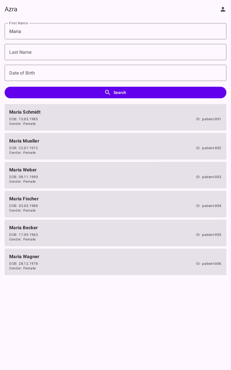 Azra patient search screen showing search results